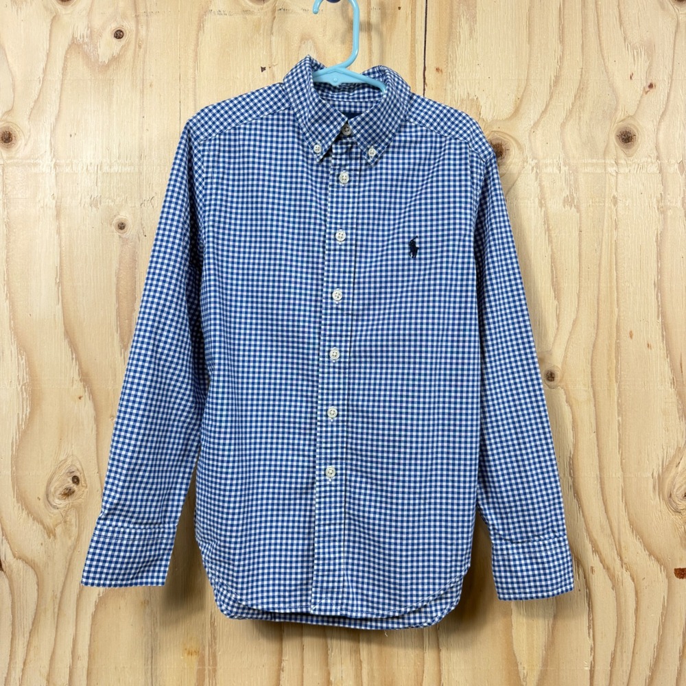 Ralph‎ Lauren Button Down Shirt Kids Sz 8 Blue Gingham Polo Pony Natural Stretch
